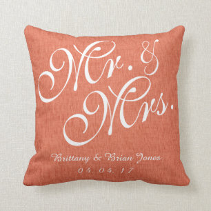 Coral White Linen Mr. and Mrs. Wedding Pillow