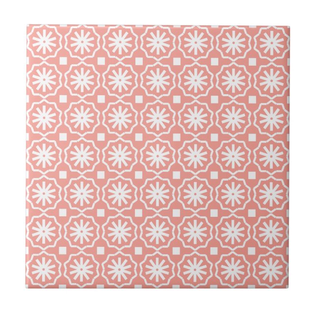 Coral white modern geometric floral pattern ceramic tile (Front)