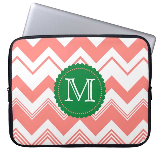 Coral White Monogram Chevron Pattern Laptop Sleeve (Front)