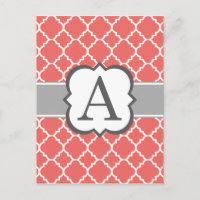 Coral White Monogram Letter A Quatrefoil