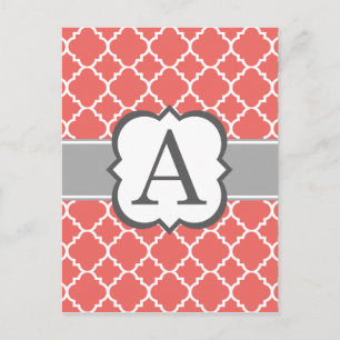 Coral White Monogram Letter A Quatrefoil Postcard