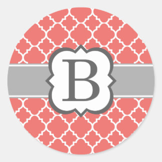 Coral White Monogram Letter B Quatrefoil Classic Round Sticker