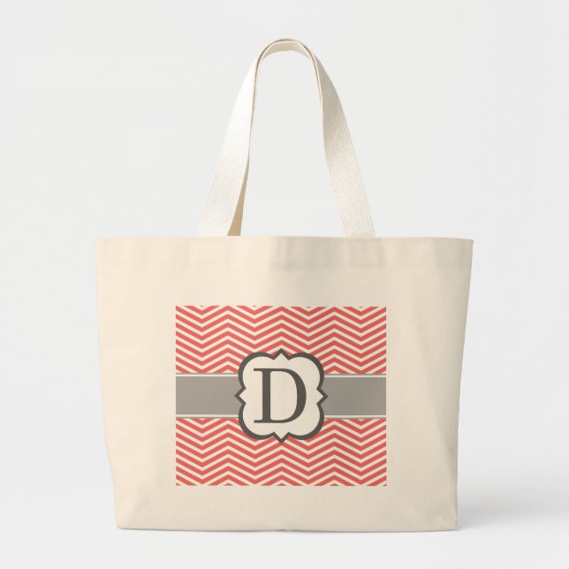 Coral White Monogram Letter D Chevron Large Tote Bag (Front)