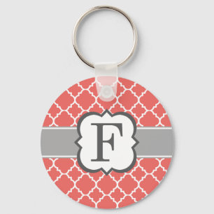 Coral White Monogram Letter F Quatrefoil Key Ring