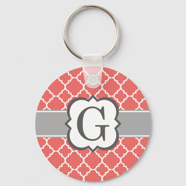Coral White Monogram Letter G Quatrefoil Key Ring (Front)