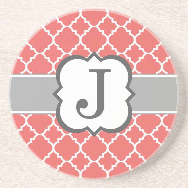 Coral White Monogram Letter J Quatrefoil Coaster (Front)