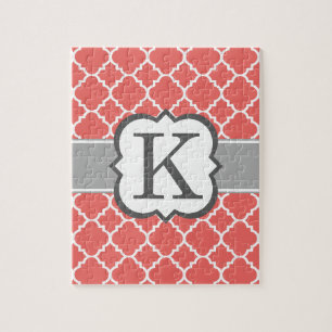Coral White Monogram Letter K Quatrefoil Jigsaw Puzzle