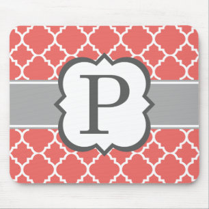 Coral White Monogram Letter P Quatrefoil Mouse Pad