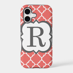 Coral White Monogram Letter R Quatrefoil