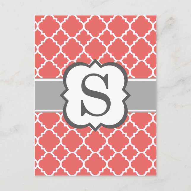Coral White Monogram Letter S Quatrefoil Postcard (Front)