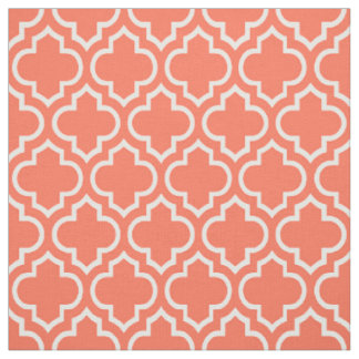 Coral, White Moroccan Quatrefoil #6 Fabric
