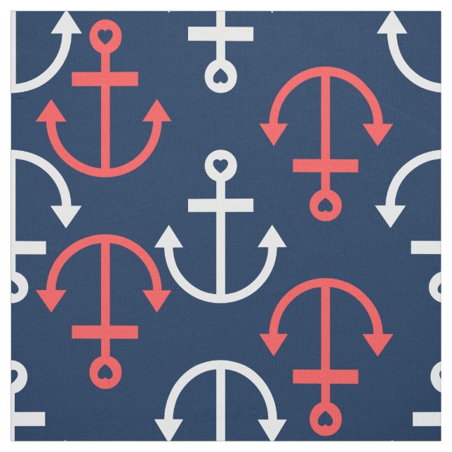 Coral & White Nautical Boat Anchors Pattern Fabric (Swatch)