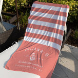 Coral & White Personalised Bachelorette Weekend Beach Towel<br><div class="desc">Celebrate your bachelorette weekend,  getaway or party with these unique custom beach towels. Personalised design features tropical coral and white stripes with the bride's name,  event type,  year and destination flanking a white rope and anchor illustration.</div>