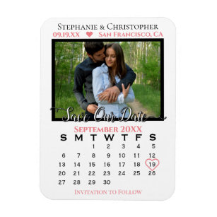 Coral & White Photo Calendar Save Our Date Wedding Magnet