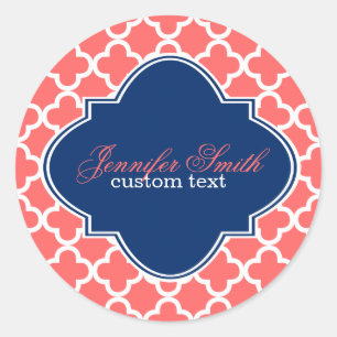 Coral & White Quatrefoil Geometric Pattern Classic Round Sticker