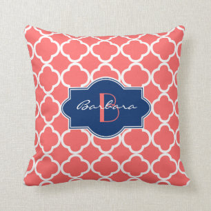 Coral & White Quatrefoil Geometric Pattern Cushion