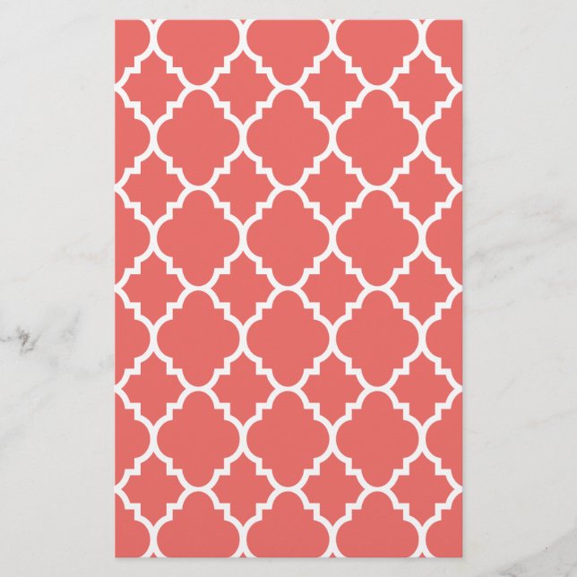 Coral White Quatrefoil Moroccan Pattern Stationery (Front)