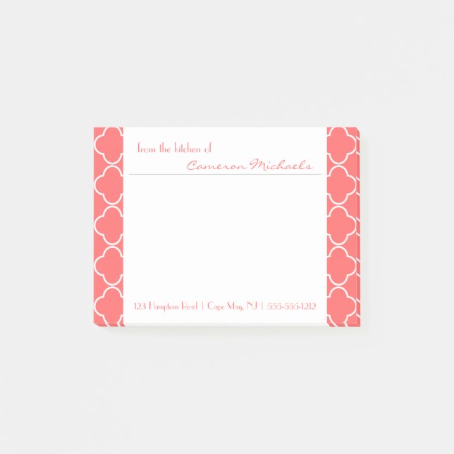 Coral | White Quatrefoil Pattern Monogram Post-it Notes (Front)