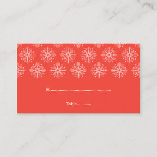 Coral + white snowflakes winter wedding place card