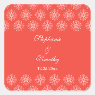 Coral + white snowflakes winter wedding stickers