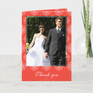 Coral + white snowflakes winter wedding thank you card