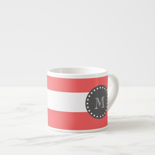 Coral White Stripes Pattern, Charcoal Monogram Espresso Cup (Front Right)
