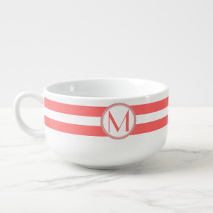 Coral   White Stripes Pattern Monogram Soup Mug