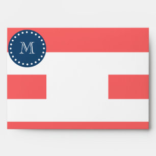 Coral White Stripes Pattern, Navy Blue Monogram Envelopes