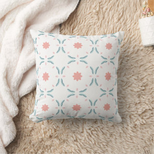 Coral White Teal Scandinavian Geometric Floral Cushion