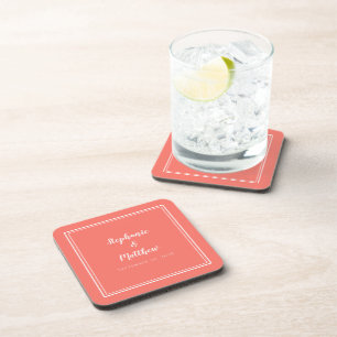Coral White Wedding Modern Minimalist Newlywed Coaster