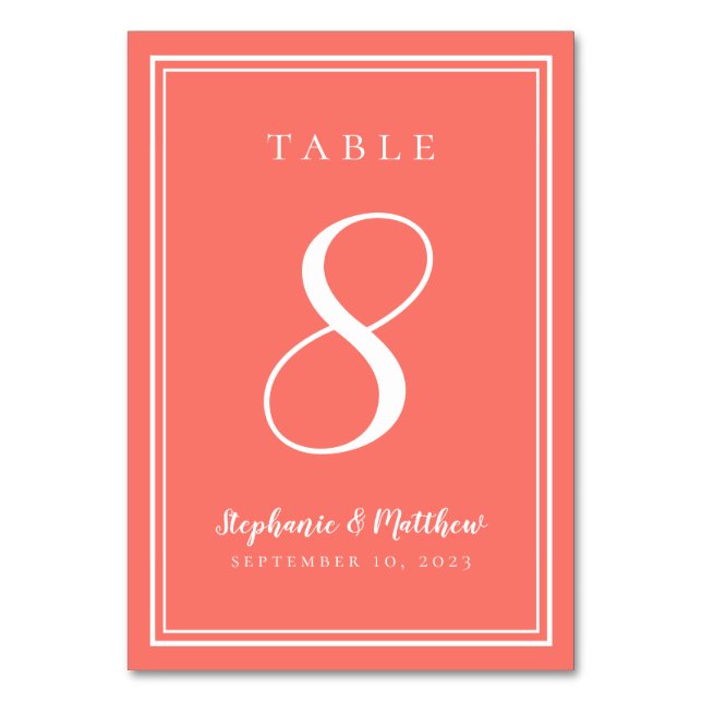 Coral & White Wedding Simple Modern Chic Table Number (Front)