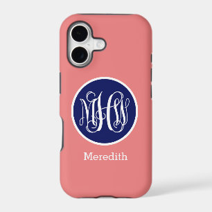 Coral Wht Blue 3 Initial Vine Script Monogram DIY