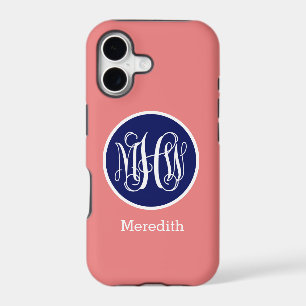 Coral Wht Blue 3 Initial Vine Script Monogram DIY