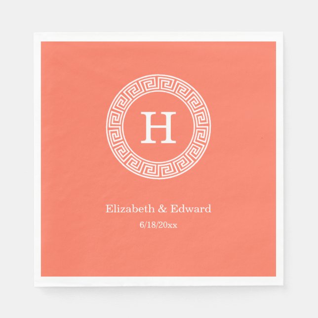 Coral Wht Greek Key Rnd Frame Initial Monogram Napkin (Front)