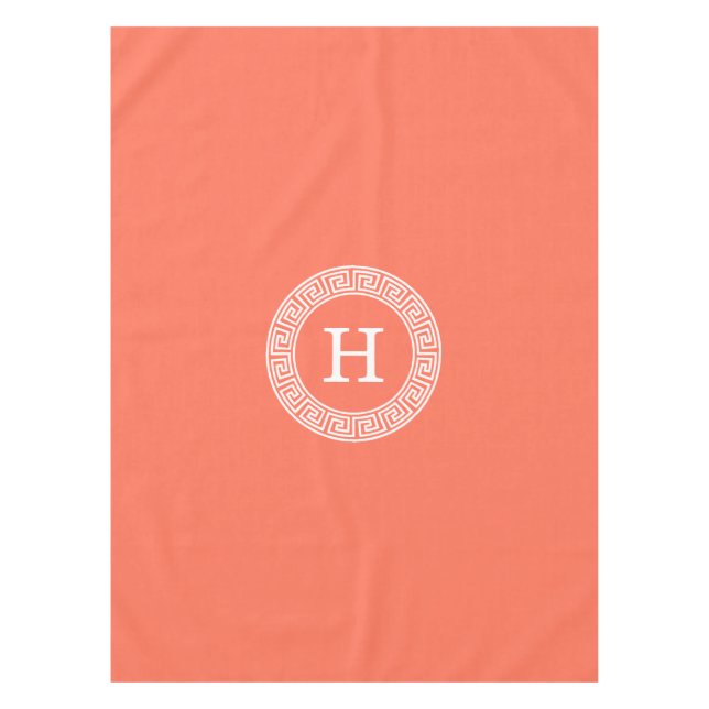 Coral Wht Greek Key Rnd Frame Initial Monogram Tablecloth (Front)