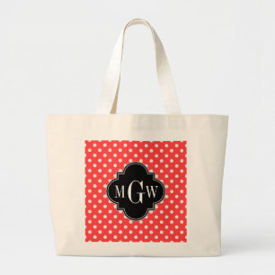 Coral Wht Polka Dots Black Quatrefoil 3 Monogram Large Tote Bag