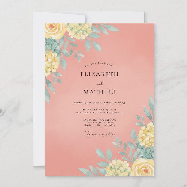 Coral Wildflower Painted Wedding Invitation (Front)