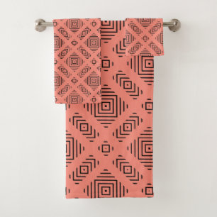 Coral with black geometric pattern bath towel set