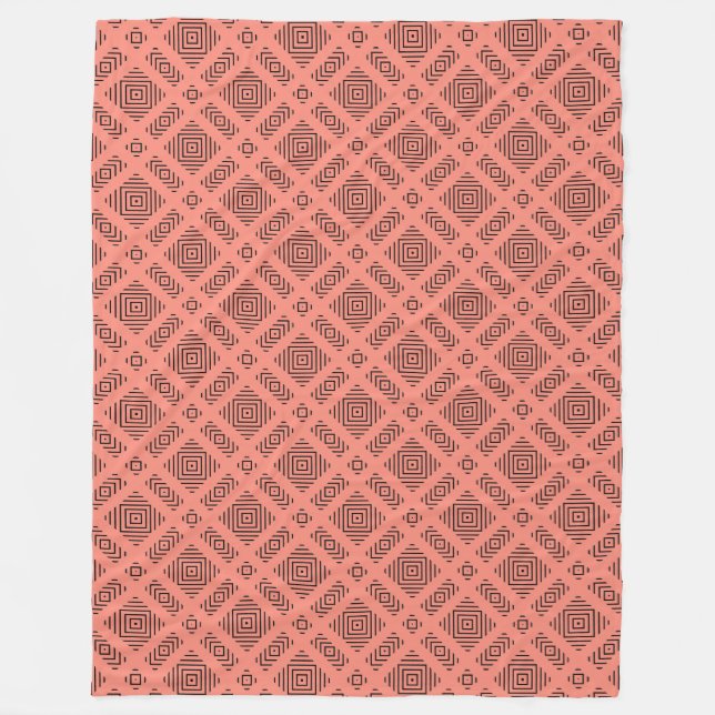 Coral with black geometric pattern fleece blanket (Front)