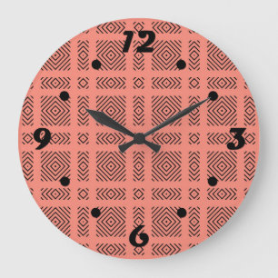 Coral with black geometric pattern large clock
