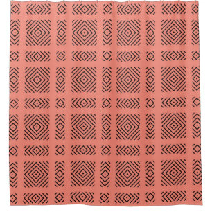 Coral with black geometric pattern shower curtain