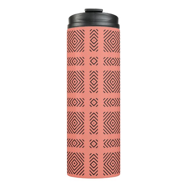 Coral with black geometric pattern thermal tumbler (Front)