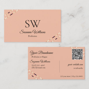 Coral with Rose Gold Lines Monogram QR Code Business Card