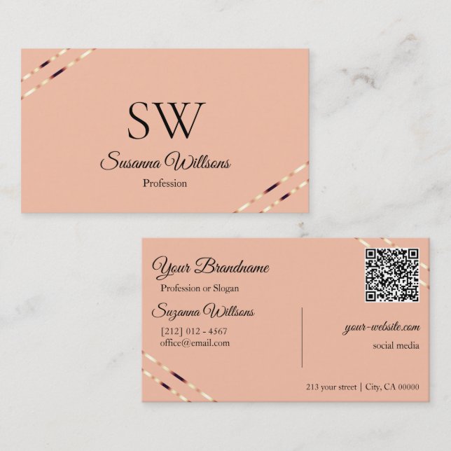 Coral with Rose Gold Lines Monogram QR Code Business Card (Front/Back)