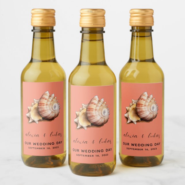 Coral with Shell "Our Wedding Day" Mini Wine Label (Bottles)