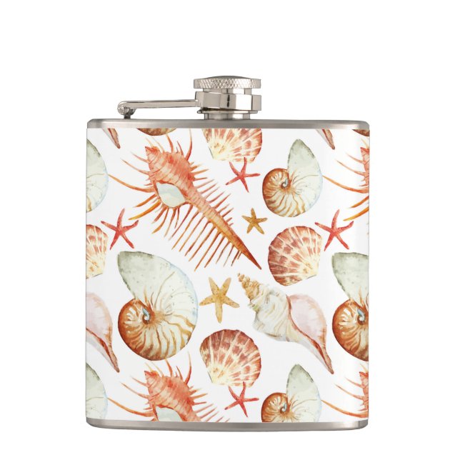 Coral With Shells And Crabs Pattern Hip Flask (Front)