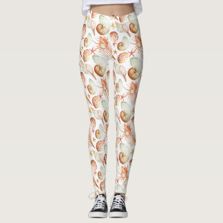 Coral With Shells And Crabs Pattern Leggings