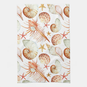 Coral With Shells And Crabs Pattern Tea Towel