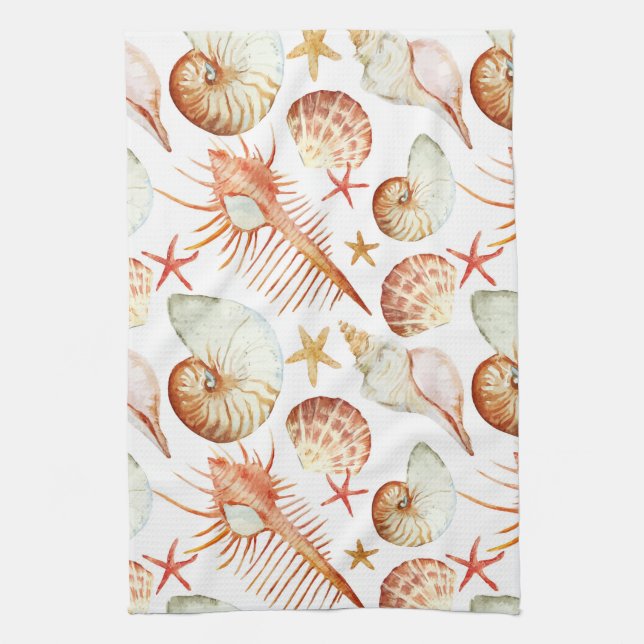 Coral With Shells And Crabs Pattern Tea Towel (Vertical)