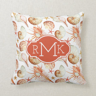 Coral With Shells & Crabs Pattern Monogram Cushion